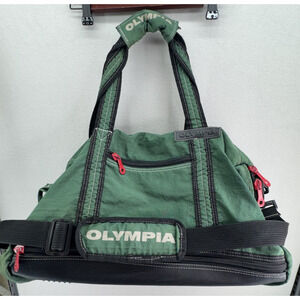 VTG Olympia Sports 33" Large Duffle Bag Green Metal Red Zippers Distressed Rare